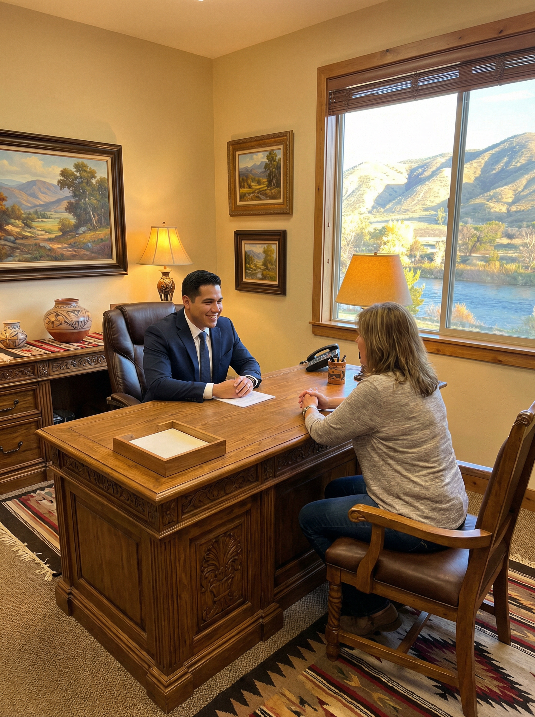 Bakersfield sex abuse lawyer consulting with client in Kern River valley office
