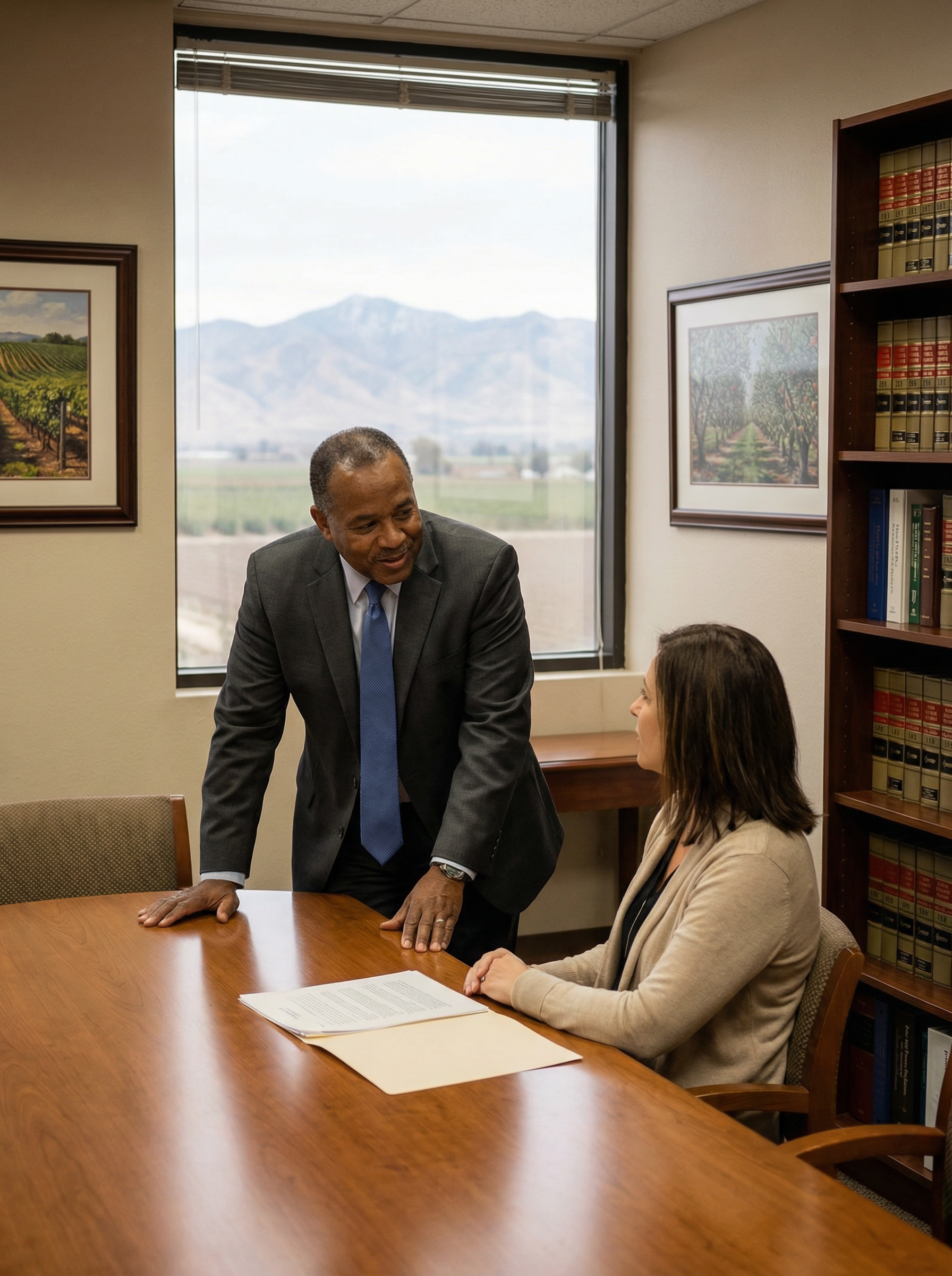 Fresno sex abuse lawyer meeting with client in Central Valley law office