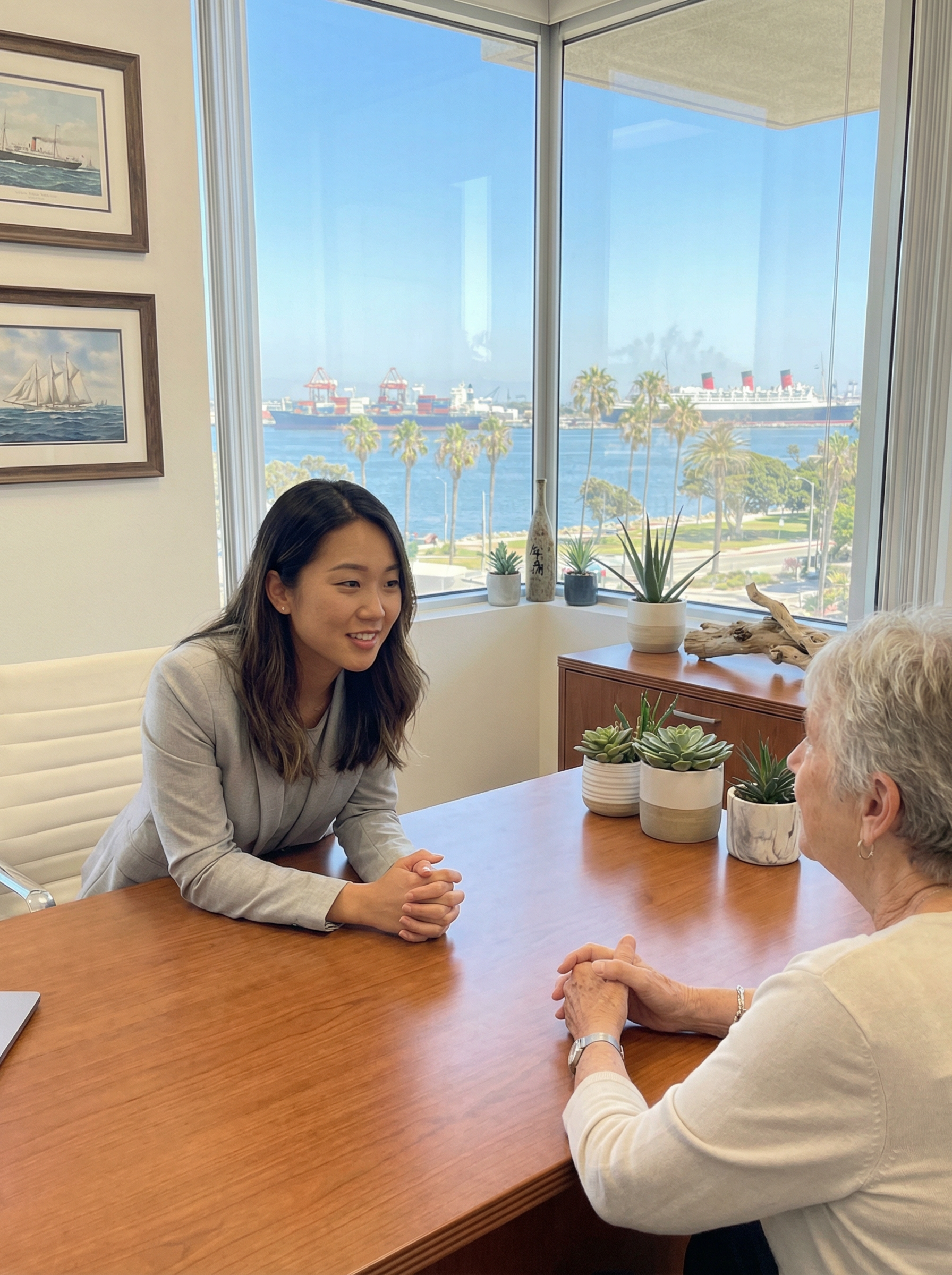 Long Beach sex abuse lawyer consulting with client in harbor-view office