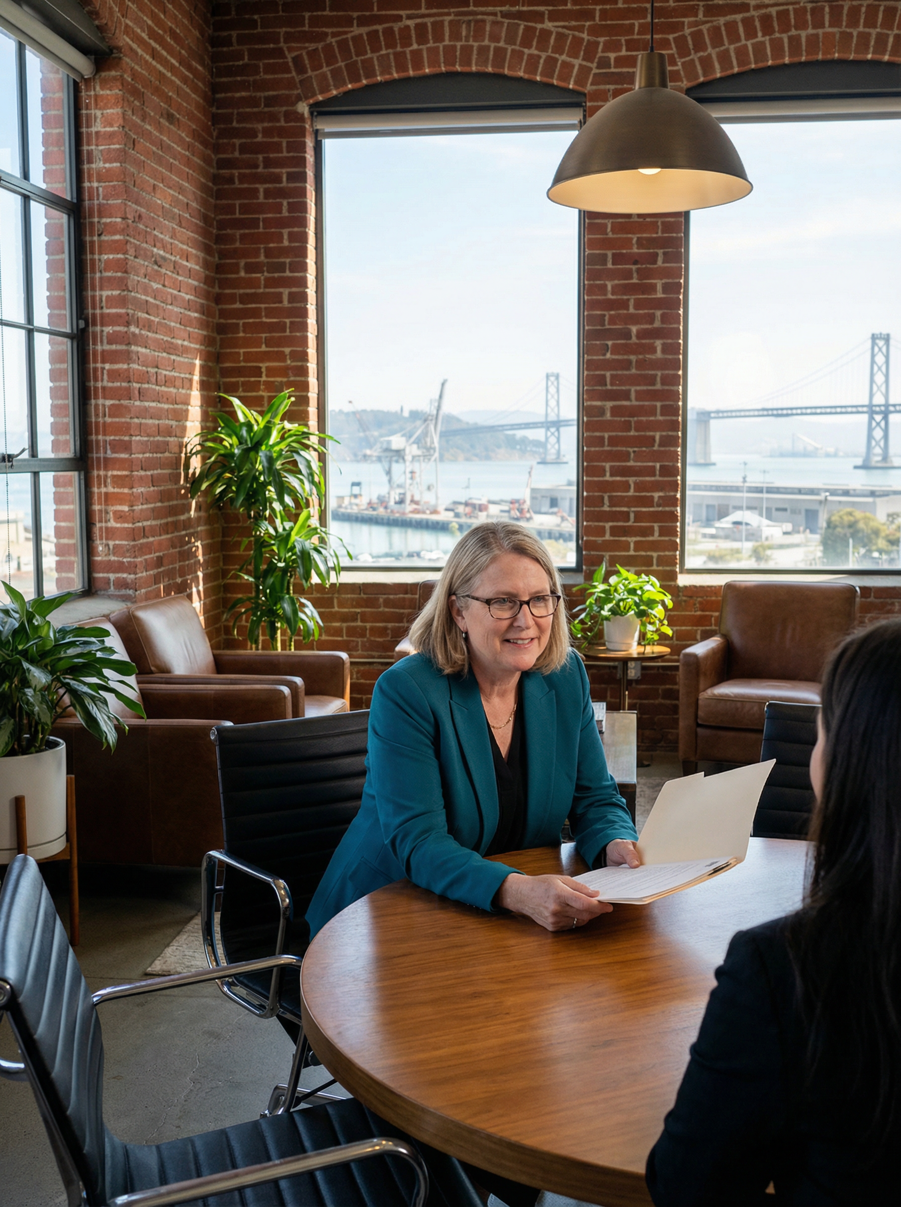 Oakland sex abuse lawyer meeting with client in industrial-chic office