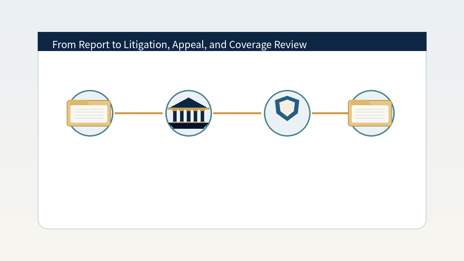 Process graphic showing litigation, appeals, and insurance coverage review