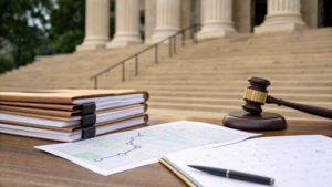Courthouse trial folders and a generic route map for a rideshare bellwether trial article