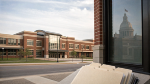 School building, case folders, and courthouse reflection for a Rowan County school settlement article