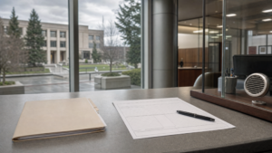 County records desk and blank reporting form for a juvenile justice oversight article