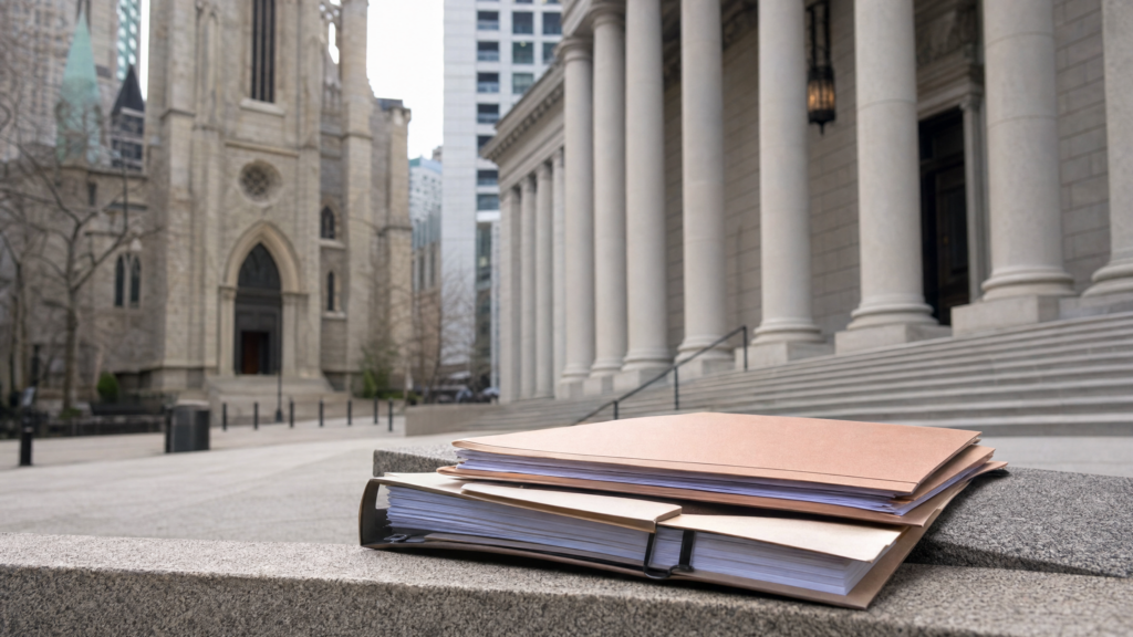 Church facade, courthouse architecture, and settlement folders for a New York clergy civil settlement article
