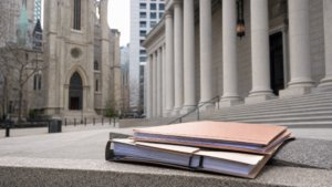 Church facade, courthouse architecture, and settlement folders for a New York clergy civil settlement article